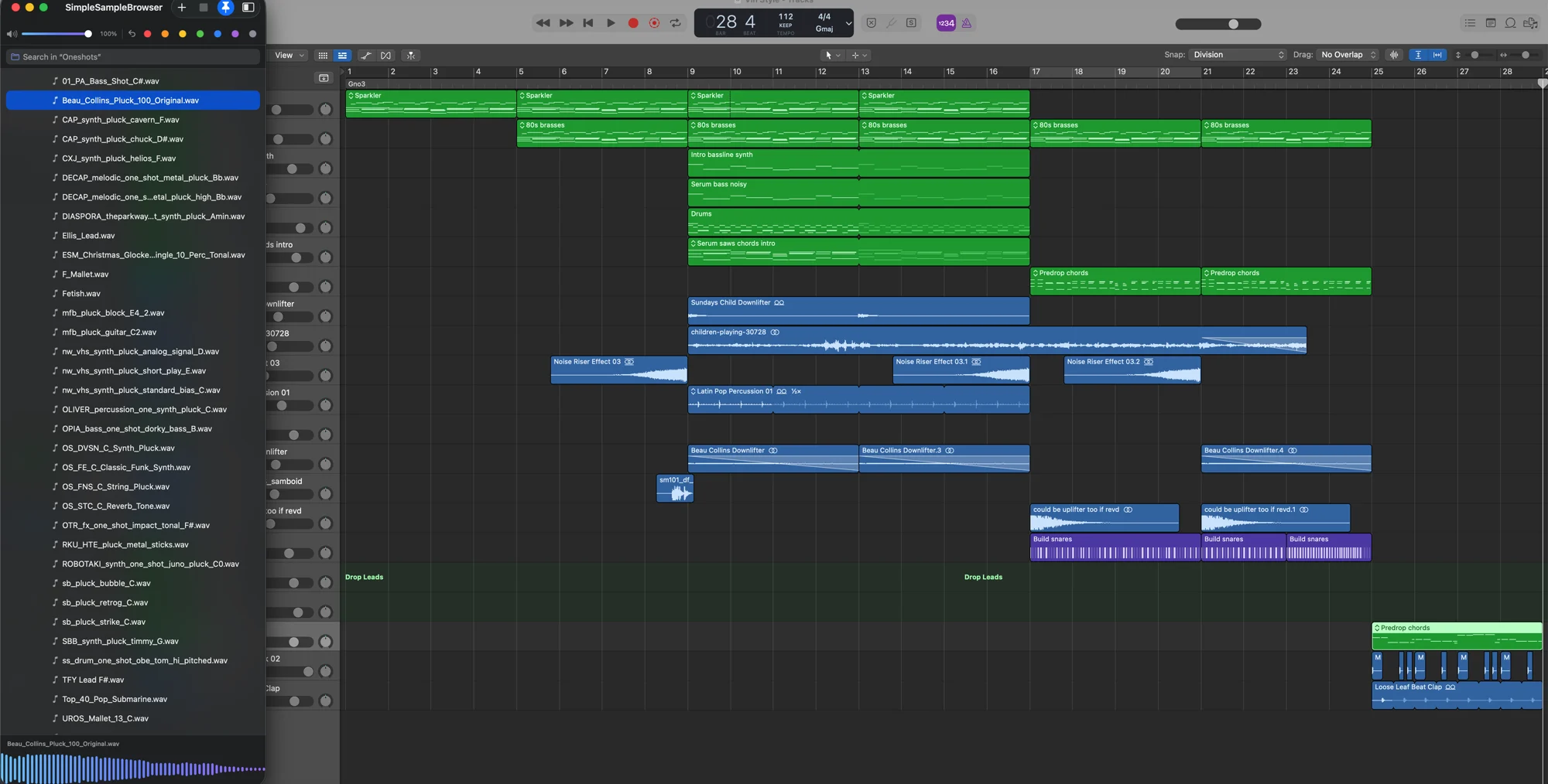 SimpleSampleBrowser pinned to the left edge beside a Logic Pro session