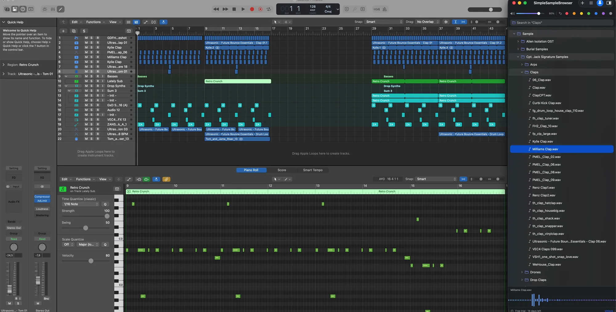 SimpleSampleBrowser pinned to the right edge beside a Logic Pro session