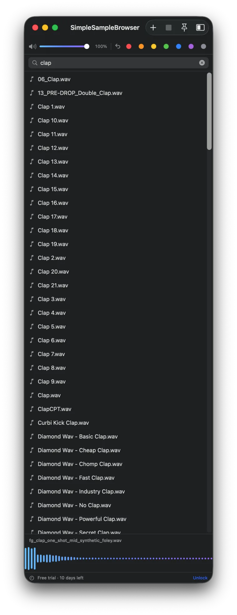SimpleSampleBrowser showing a search for "clap" across the whole library