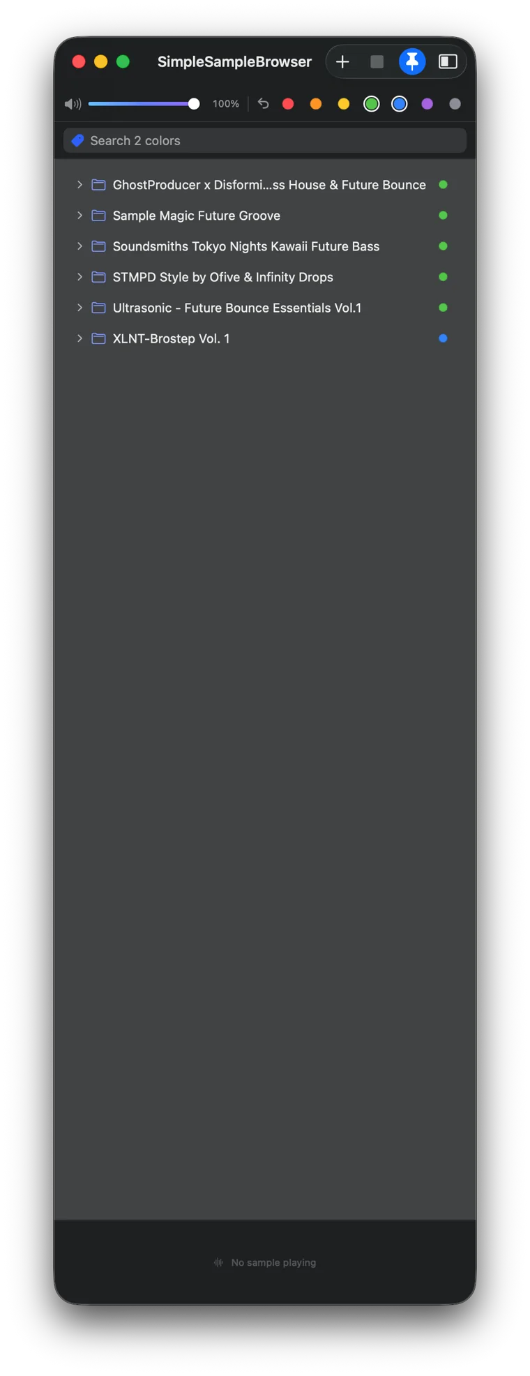 SimpleSampleBrowser filtering the library down to folders tagged with two colors